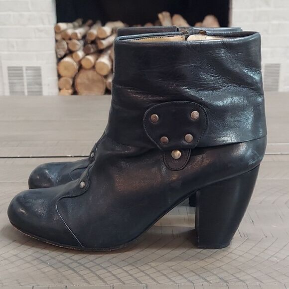 Muxart Black Leather Fold Over Heeled Ankle Booties Sz 39 - Picture 5 of 15